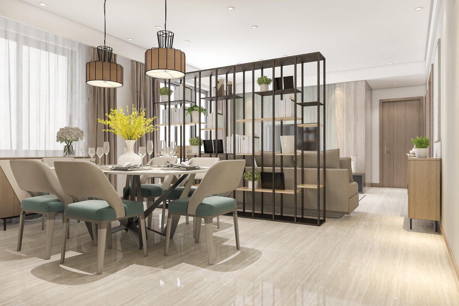 Esse design apresenta um estilo moderno e funcional, com foco em linhas limpas e tons neutros. A área de jantar possui uma mesa elegante cercada por cadeiras estofadas em tons suaves, complementadas por luminárias pendentes que criam uma iluminação acolhedora.